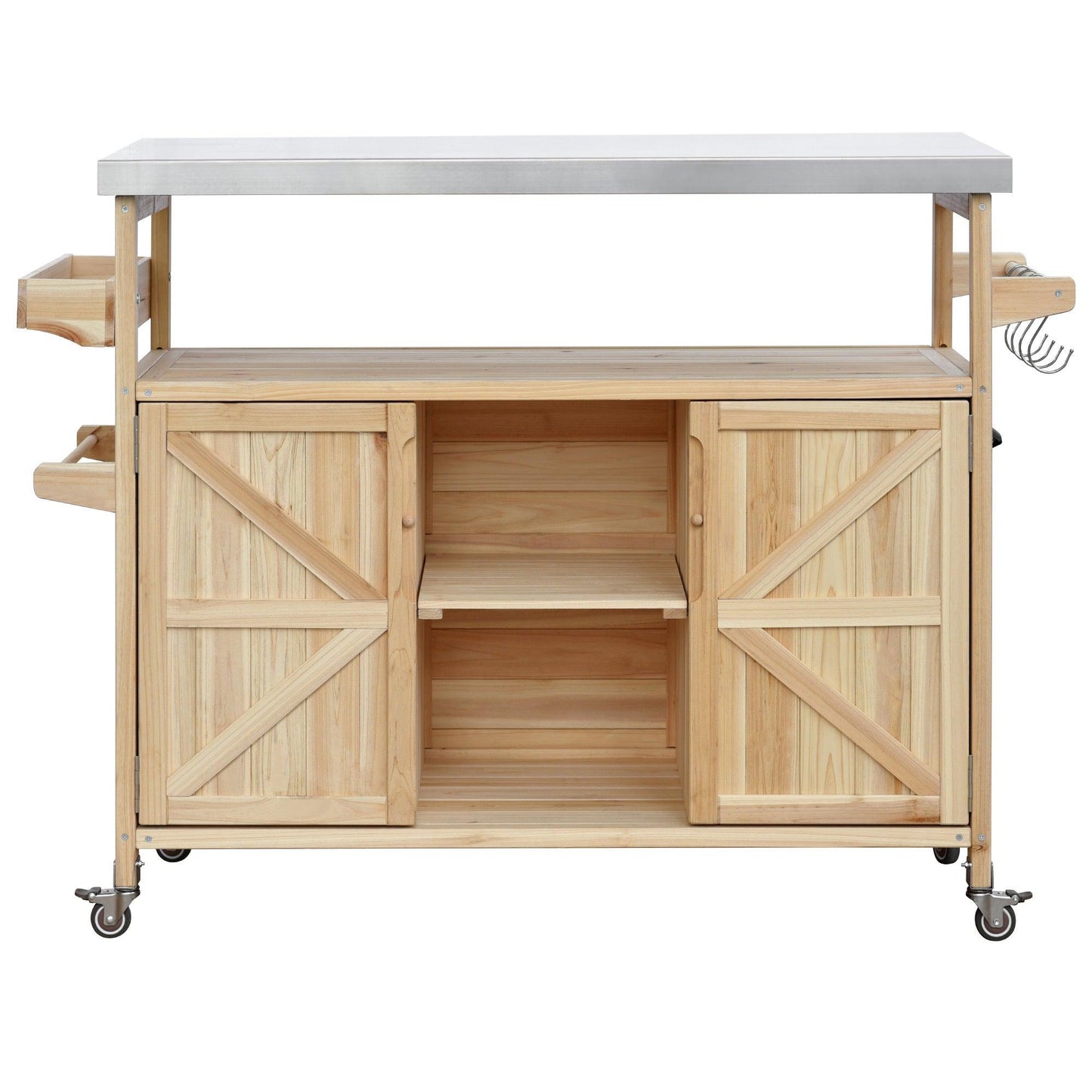 K&K Outdoor Kitchen Island, Rolling Bar Cart & Storage Cabinet, Farmhouse Solid Wood Outdoor Grill Table with Stainless Steel Top, Spice Rack , Towel Rack for Kitchen & BBQ , Natural