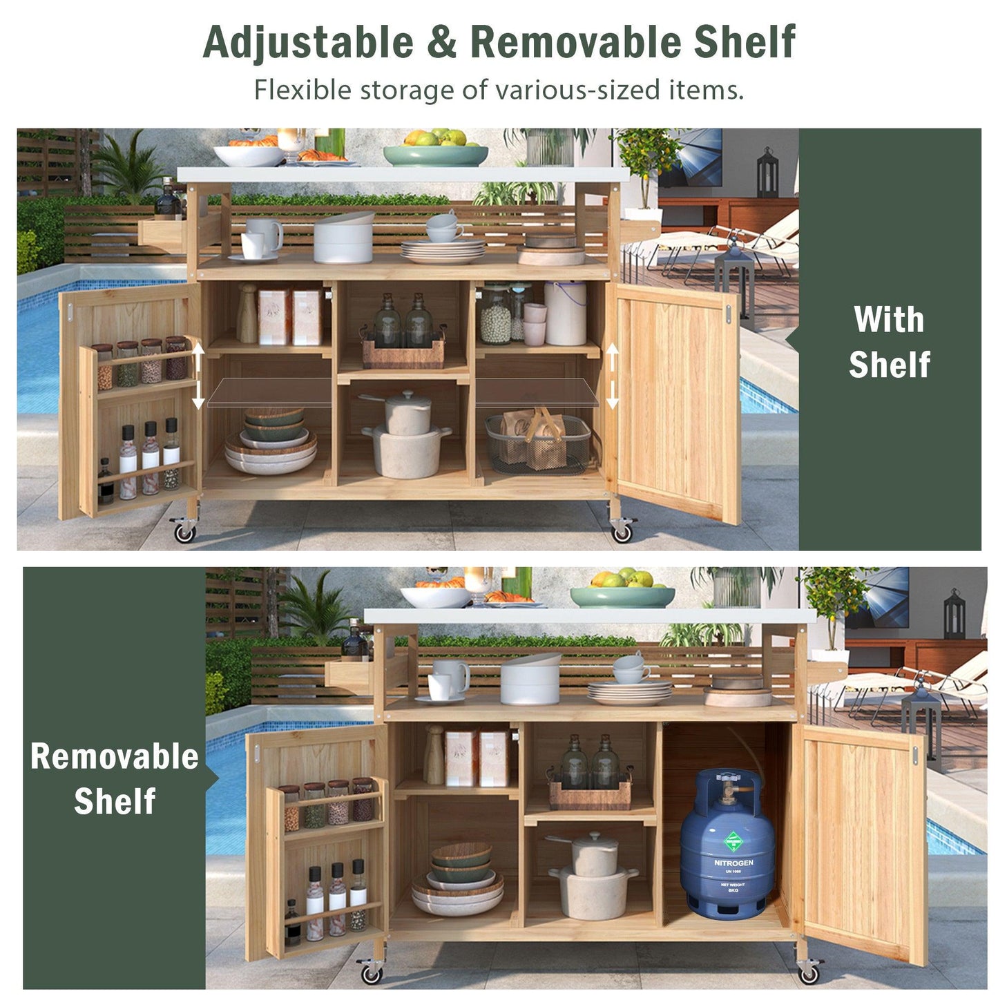 K&K Outdoor Kitchen Island, Rolling Bar Cart & Storage Cabinet, Farmhouse Solid Wood Outdoor Grill Table with Stainless Steel Top, Spice Rack , Towel Rack for Kitchen & BBQ , Natural