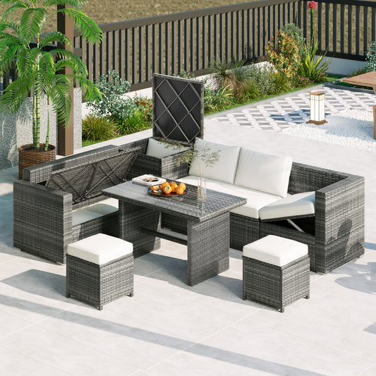 Outdoor 6-Piece All Weather PE Rattan Sofa Set, Garden Patio Wicker Sectional Furniture Set With Adjustable Seat, Storag