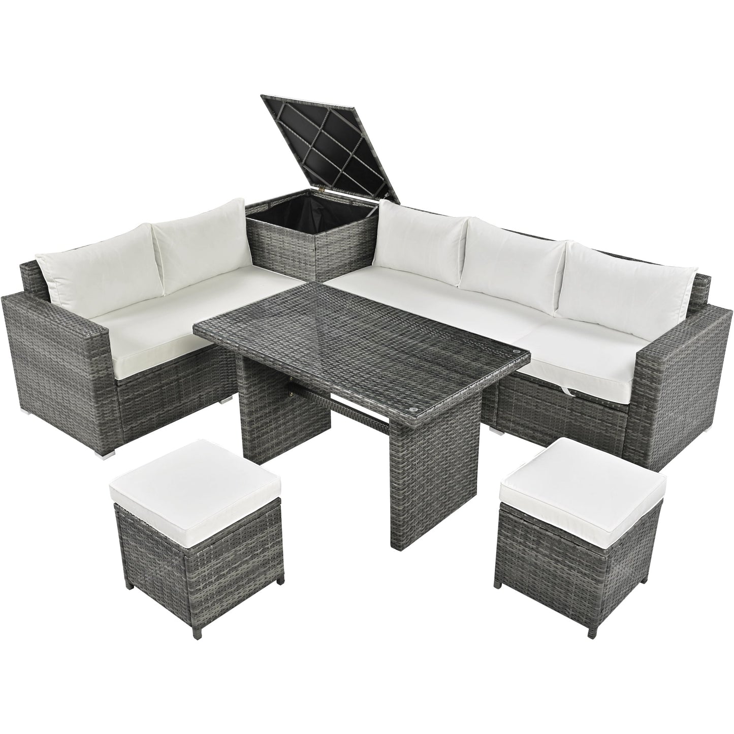 Outdoor 6-Piece All Weather PE Rattan Sofa Set, Garden Patio Wicker Sectional Furniture Set With Adjustable Seat, Storag